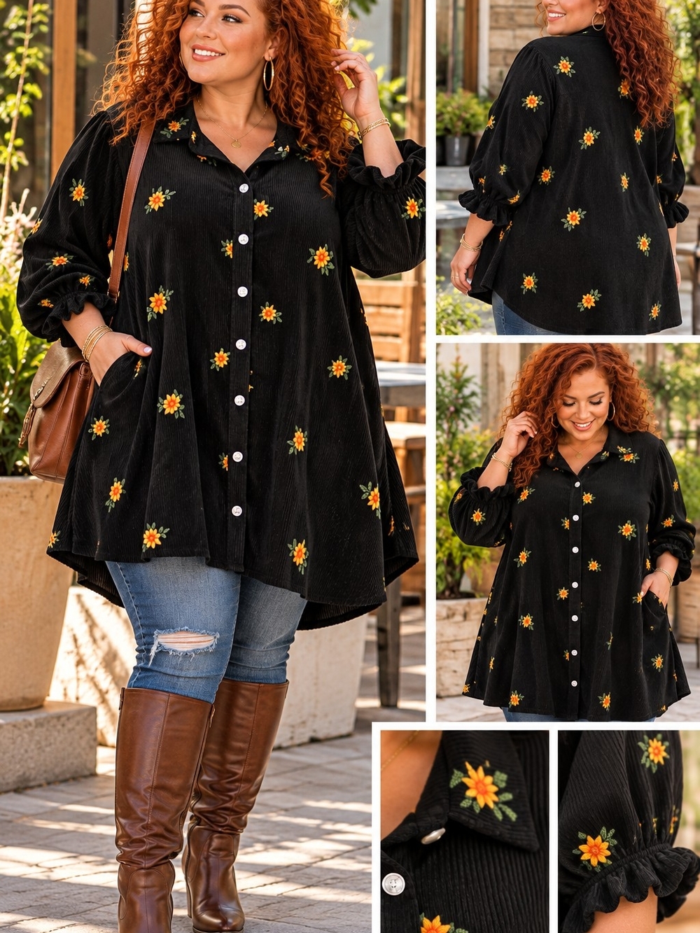 Davi & Dani 1XL Black Floral Embroidered Corduroy Button Down Tunic Top